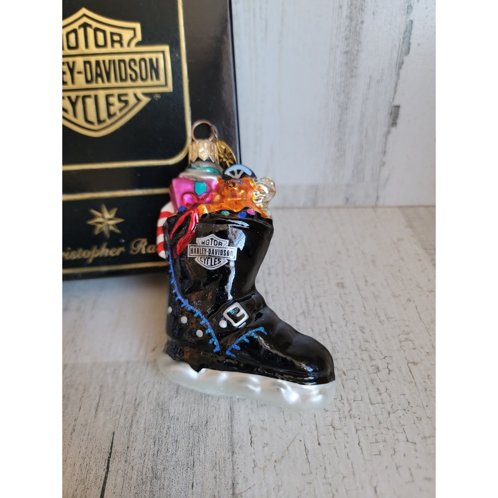 Radko Harley Davidson biker boot glass ornament Xmas unique‎